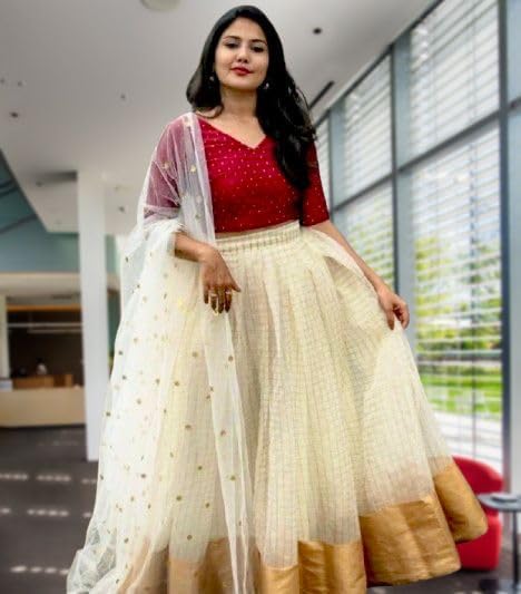 Mahi Collection Women Cotton Silk White & Red Colour Checks Half Sleeve Lehenga Choli & Dupatta Set (mahira south) - Image 5