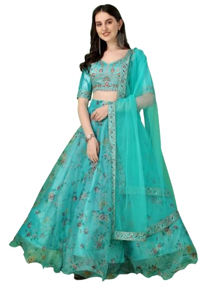Suppar Sleave Women's Ethnic Wear Floral Digital Printed Organza zari Sequin Work Semi-Stitched Lehenga Choli With Dupatta (Sky Blue)