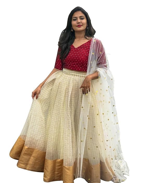 Mahi Collection Women Cotton Silk White & Red Colour Checks Half Sleeve Lehenga Choli & Dupatta Set (mahira south)