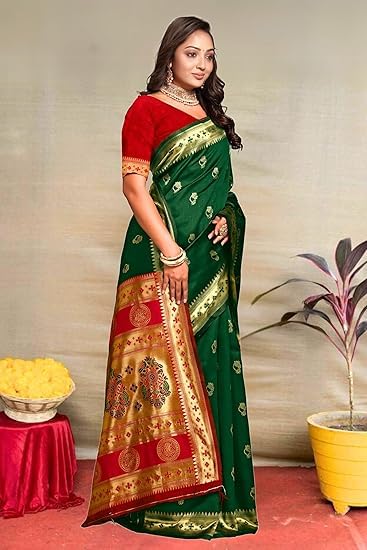 C J Enterprise Women's Banarasi Saree Pure Kanjivaram Silk Saree Soft Design Wear Pattu Sarees Latest Cotton With Blouse Piece for Wedding sadi new ladies 2025 (Nath paithani) (Green-Red) - Image 2