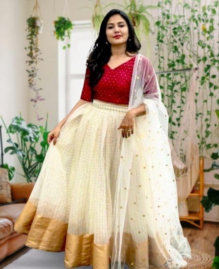 Mahi Collection Women Cotton Silk White & Red Colour Checks Half Sleeve Lehenga Choli & Dupatta Set (mahira south) - Image 4
