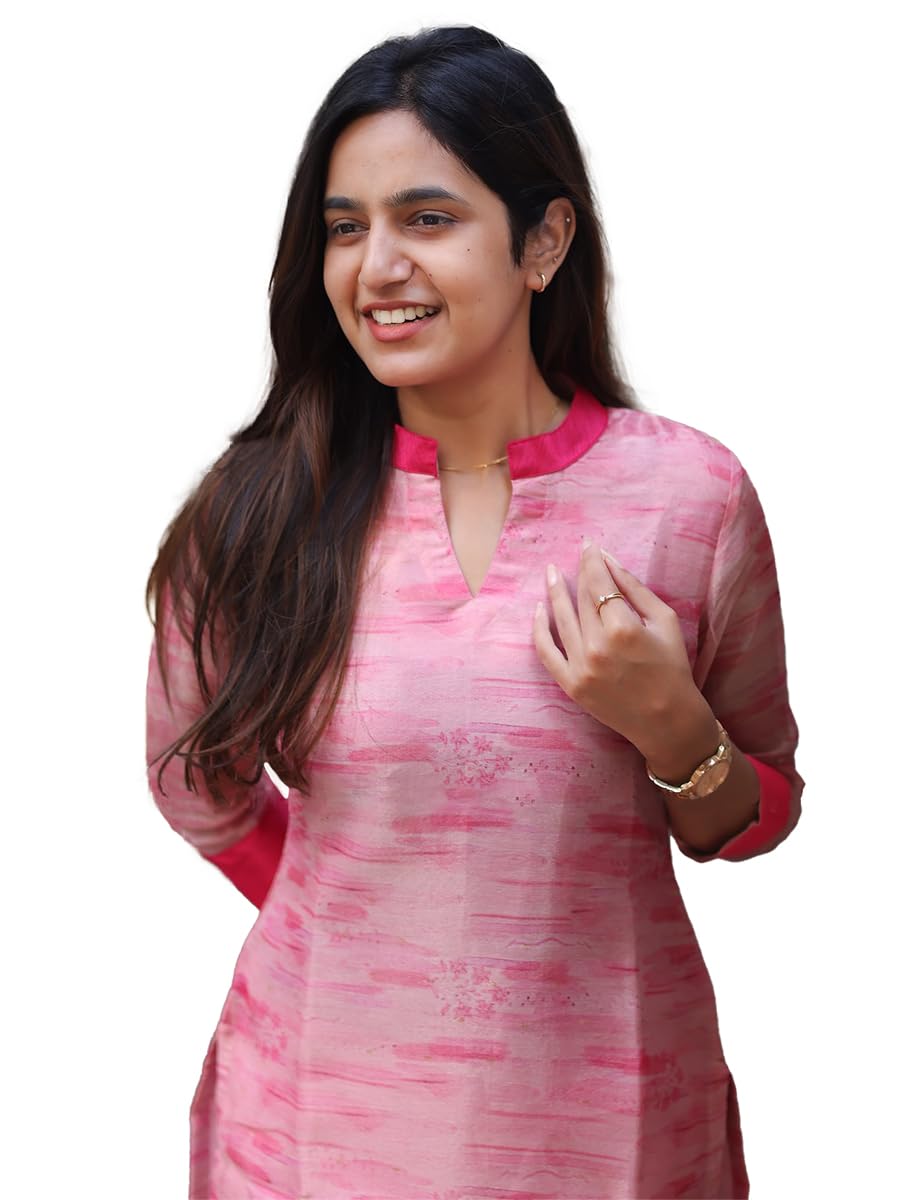 Sun Fashion And Lifestyle Women's Chanderi Stitched Printed Regular Fit Kurti for Women (Kt22_Pink_Xs)
