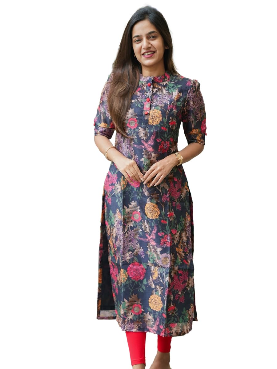 Sun Fashion And Lifestyle Women's Chanderi Stitched Printed Straight Regular Fit Kurtis (Kt25_Blue_Xl)