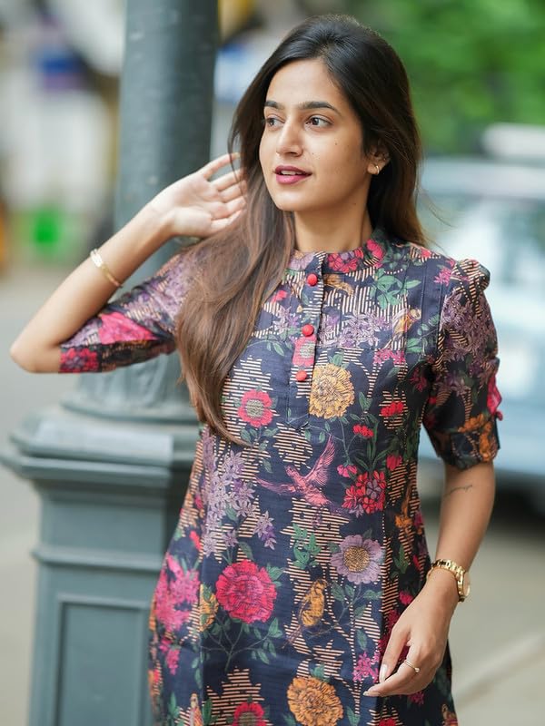 Sun Fashion And Lifestyle Women's Chanderi Stitched Printed Straight Regular Fit Kurtis (Kt25_Blue_Xl) - Image 5