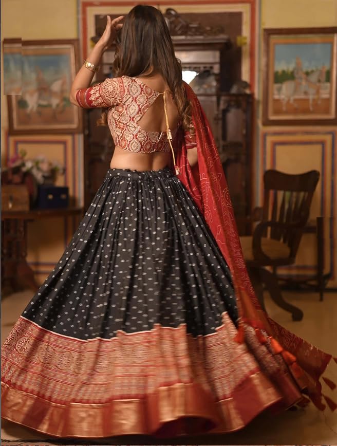 Sarathybiz Women Dolla Silk Semi Stitched Navratri Collection Lehenga Choli Patola Print with Foil Work With Blouse Solid (BLACK1), Free Size - Image 3