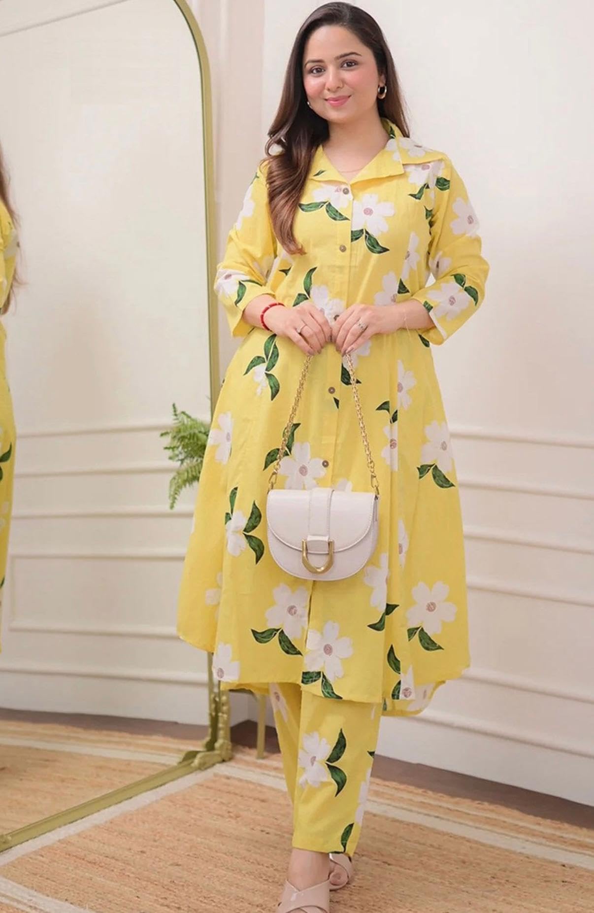 Pujia Mills Woman Kurta Set || Casual wear Cotton Co-ord Set for Summer || Latest Collection of Kurti Set 2025 || Ladies Cotton Kurti with Pocket Pant Yellow - Image 4