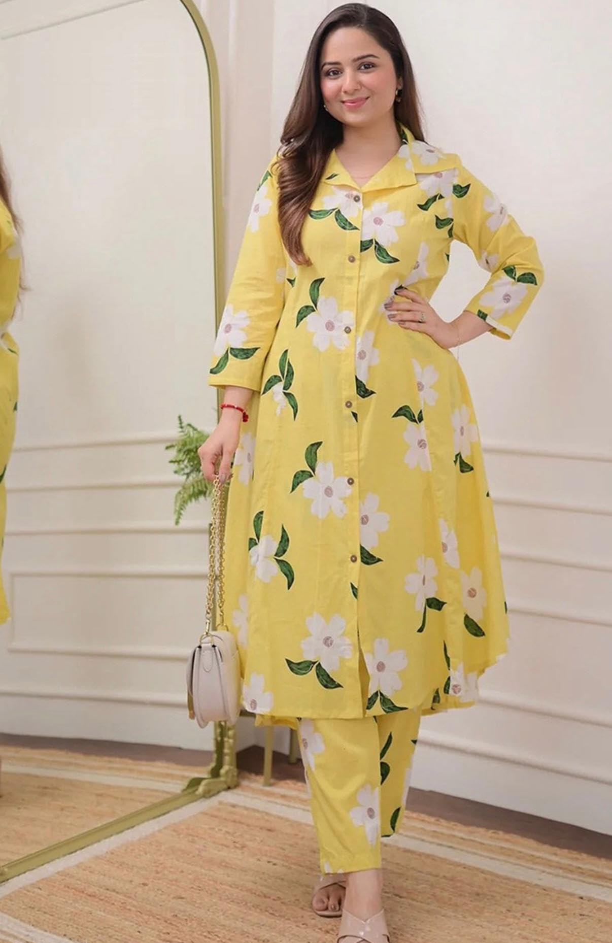 Pujia Mills Woman Kurta Set || Casual wear Cotton Co-ord Set for Summer || Latest Collection of Kurti Set 2025 || Ladies Cotton Kurti with Pocket Pant Yellow - Image 3