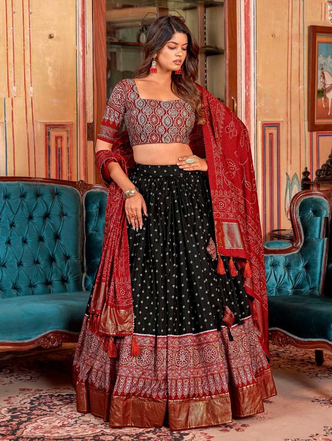 Sarathybiz Women Dolla Silk Semi Stitched Navratri Collection Lehenga Choli Patola Print with Foil Work With Blouse Solid (BLACK1), Free Size - Image 2