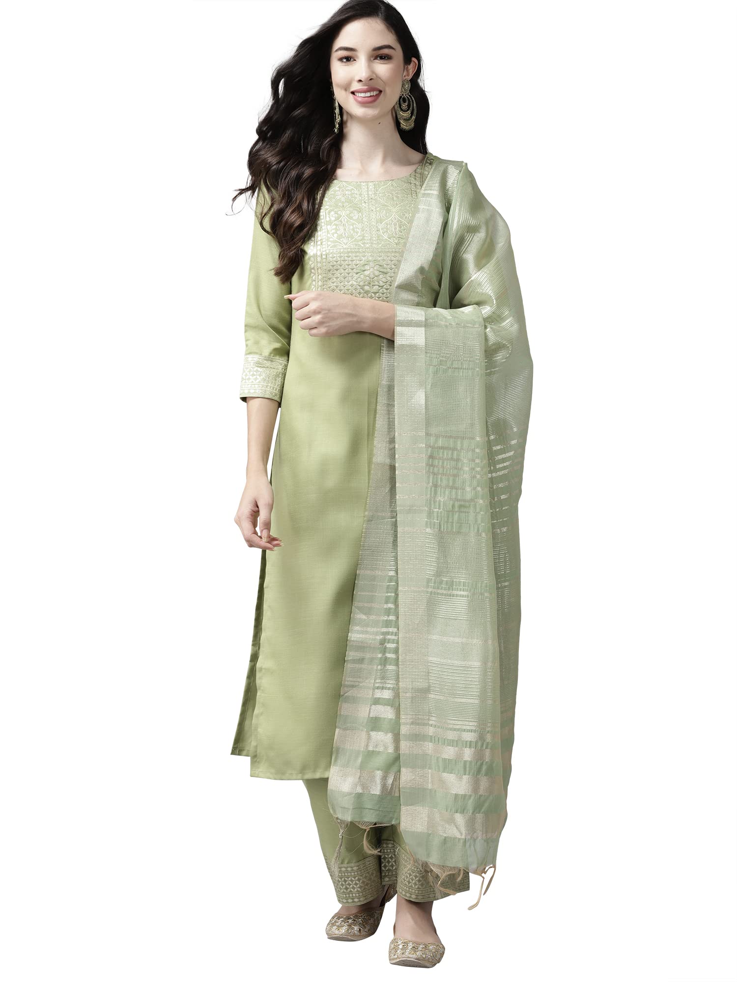 INDO ERA Women's Cotton Woven Yoke Design Straight Kurta Pant with Dupatta Set (Green_KD4GN4028_Medium)