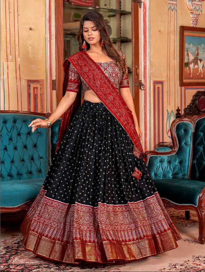 Sarathybiz Women Dolla Silk Semi Stitched Navratri Collection Lehenga Choli Patola Print with Foil Work With Blouse Solid (BLACK1), Free Size - Image 4
