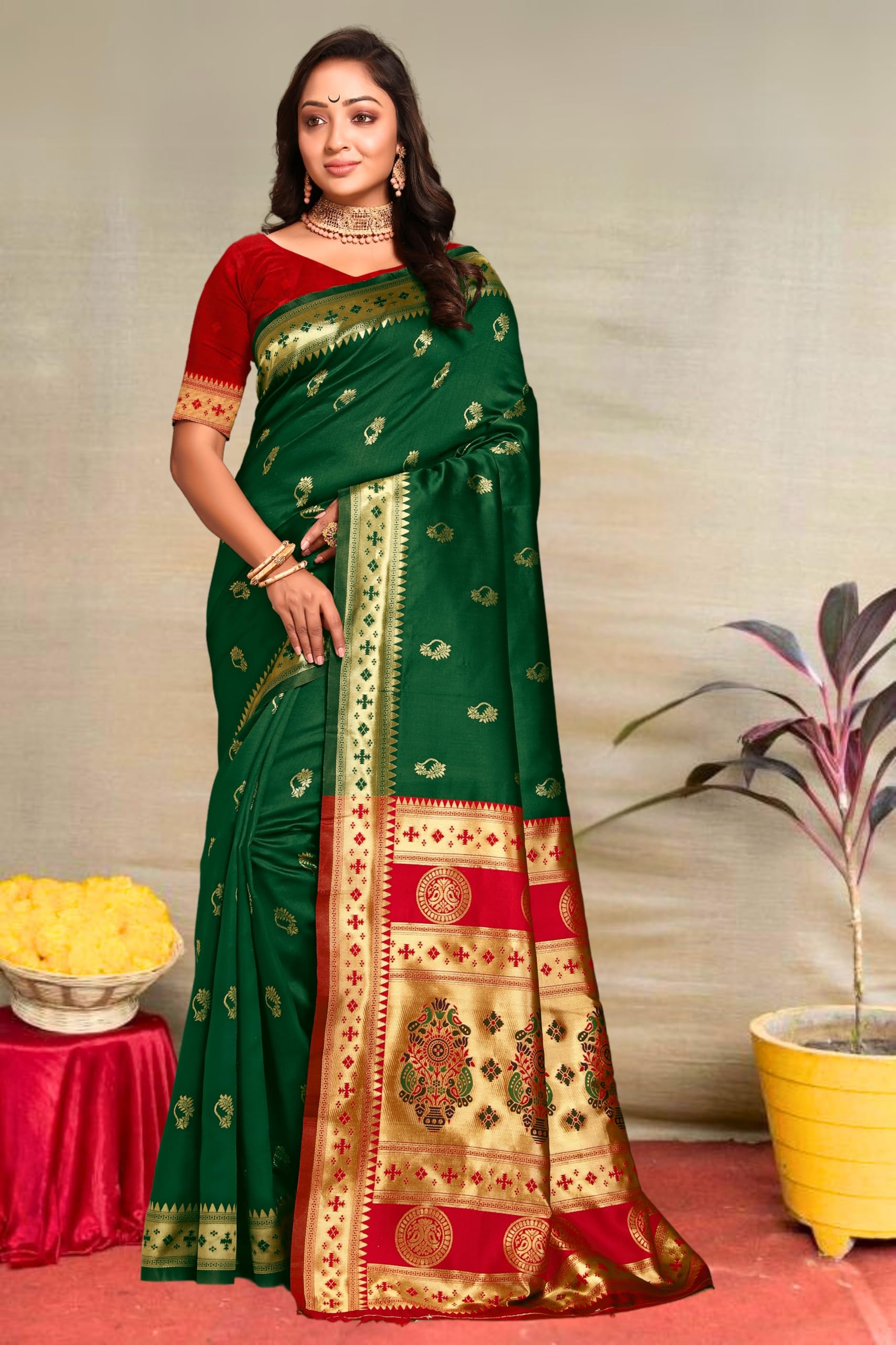 C J Enterprise Women's Banarasi Saree Pure Kanjivaram Silk Saree Soft Design Wear Pattu Sarees Latest Cotton With Blouse Piece for Wedding sadi new ladies 2025 (Nath paithani) (Green-Red) - Image 7