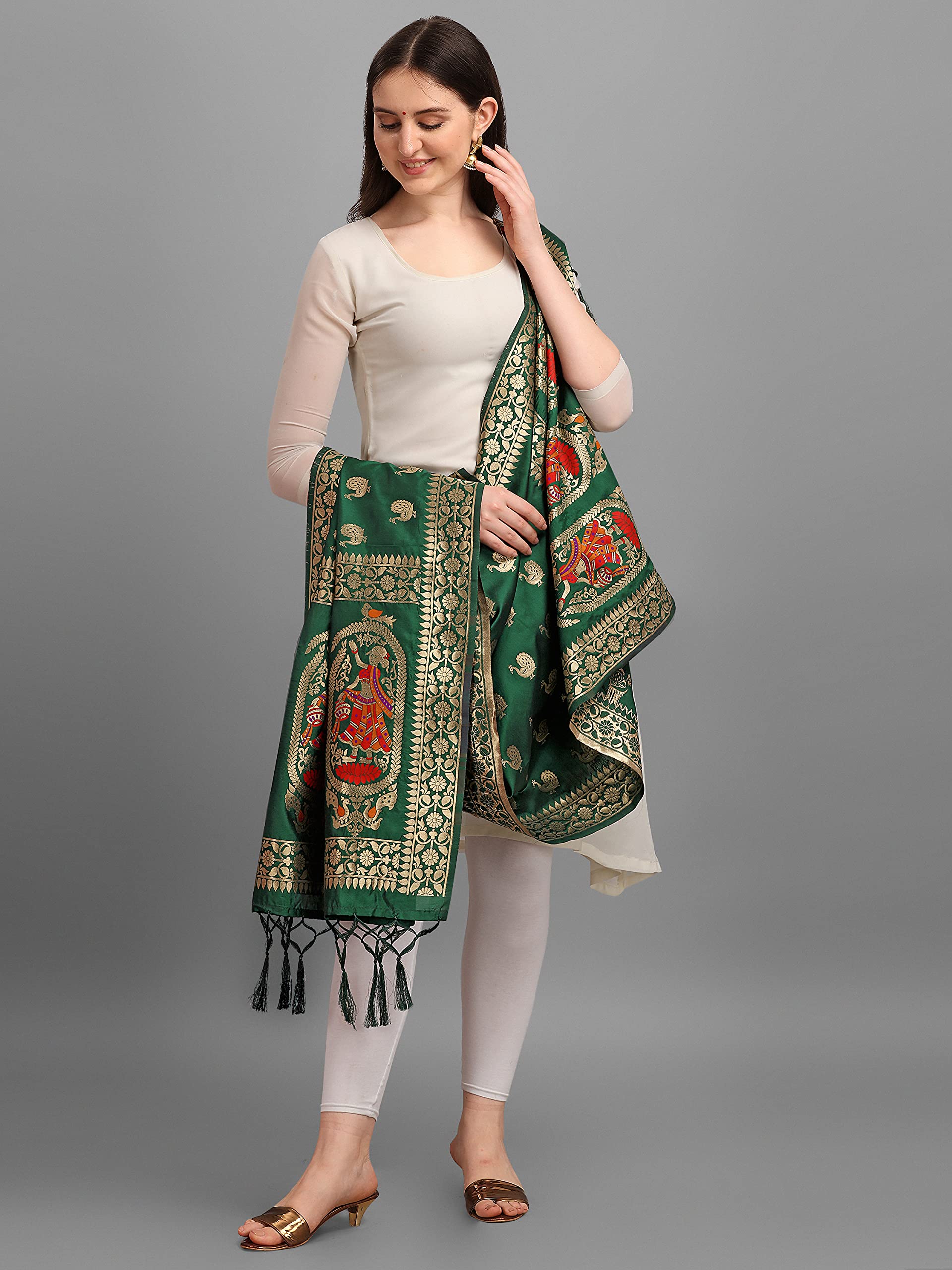 DEVANGI Women's Woven Banarasi Silk Zari Dupatta/Chunni, Width 1 Meter, Length 2.5 Meter (OM-DT-05-BGREEN) - Image 4