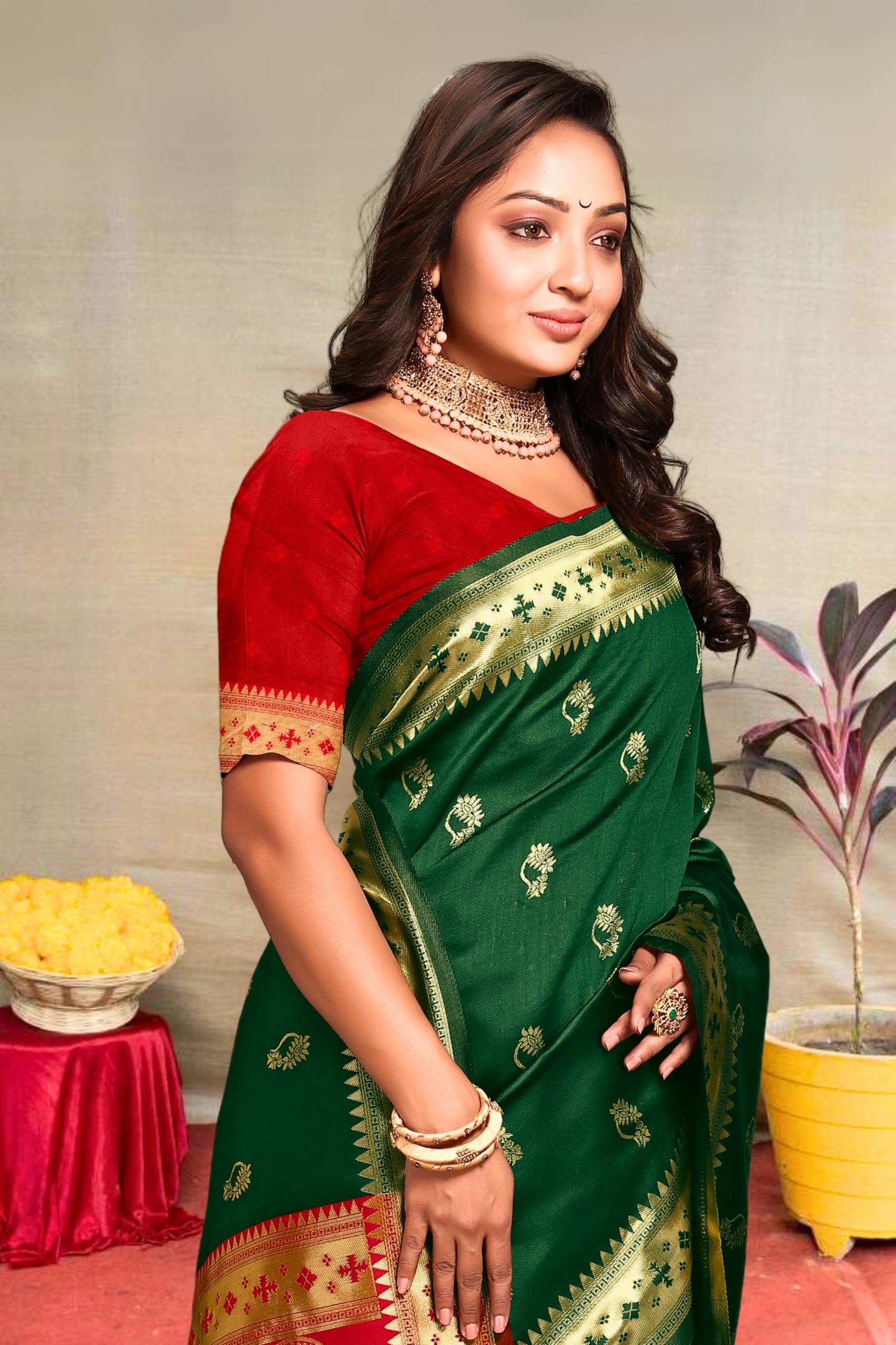 C J Enterprise Women's Banarasi Saree Pure Kanjivaram Silk Saree Soft Design Wear Pattu Sarees Latest Cotton With Blouse Piece for Wedding sadi new ladies 2025 (Nath paithani) (Green-Red) - Image 3