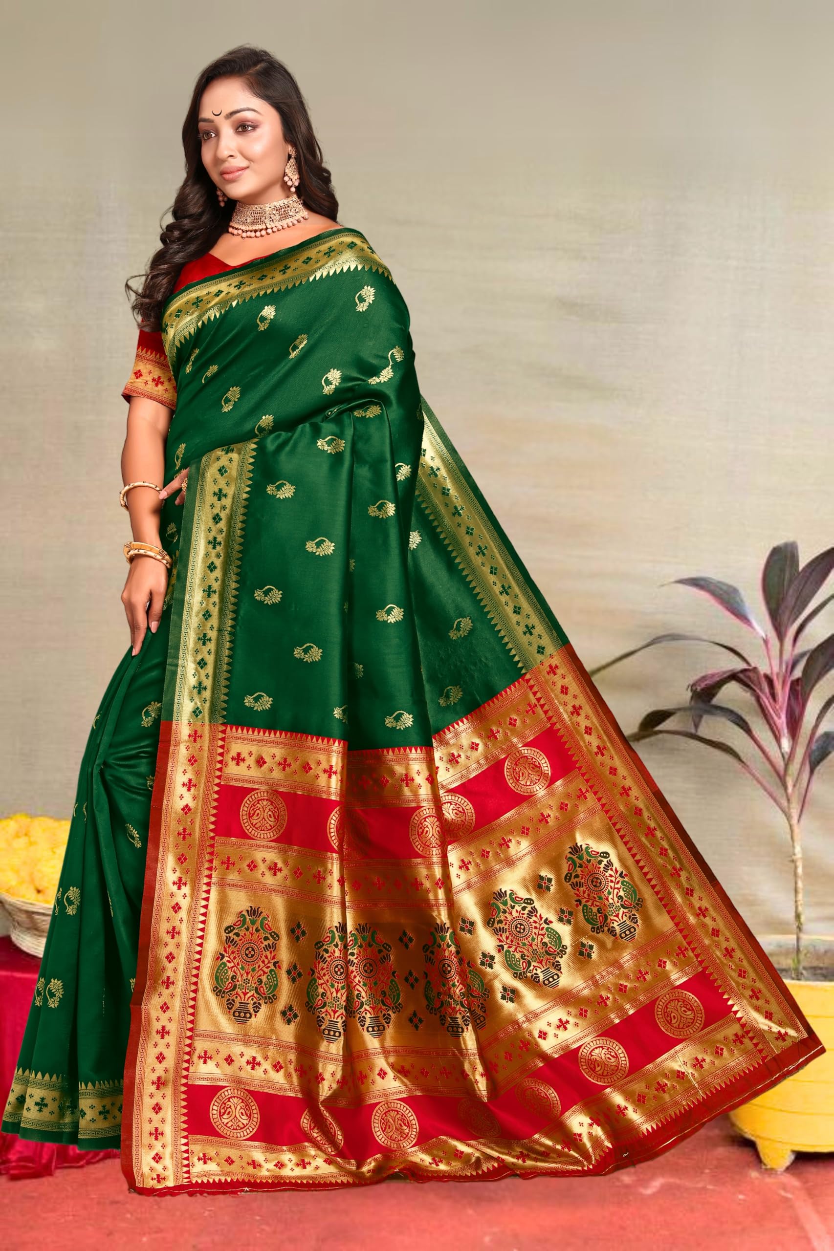 C J Enterprise Women's Banarasi Saree Pure Kanjivaram Silk Saree Soft Design Wear Pattu Sarees Latest Cotton With Blouse Piece for Wedding sadi new ladies 2025 (Nath paithani) (Green-Red) - Image 5