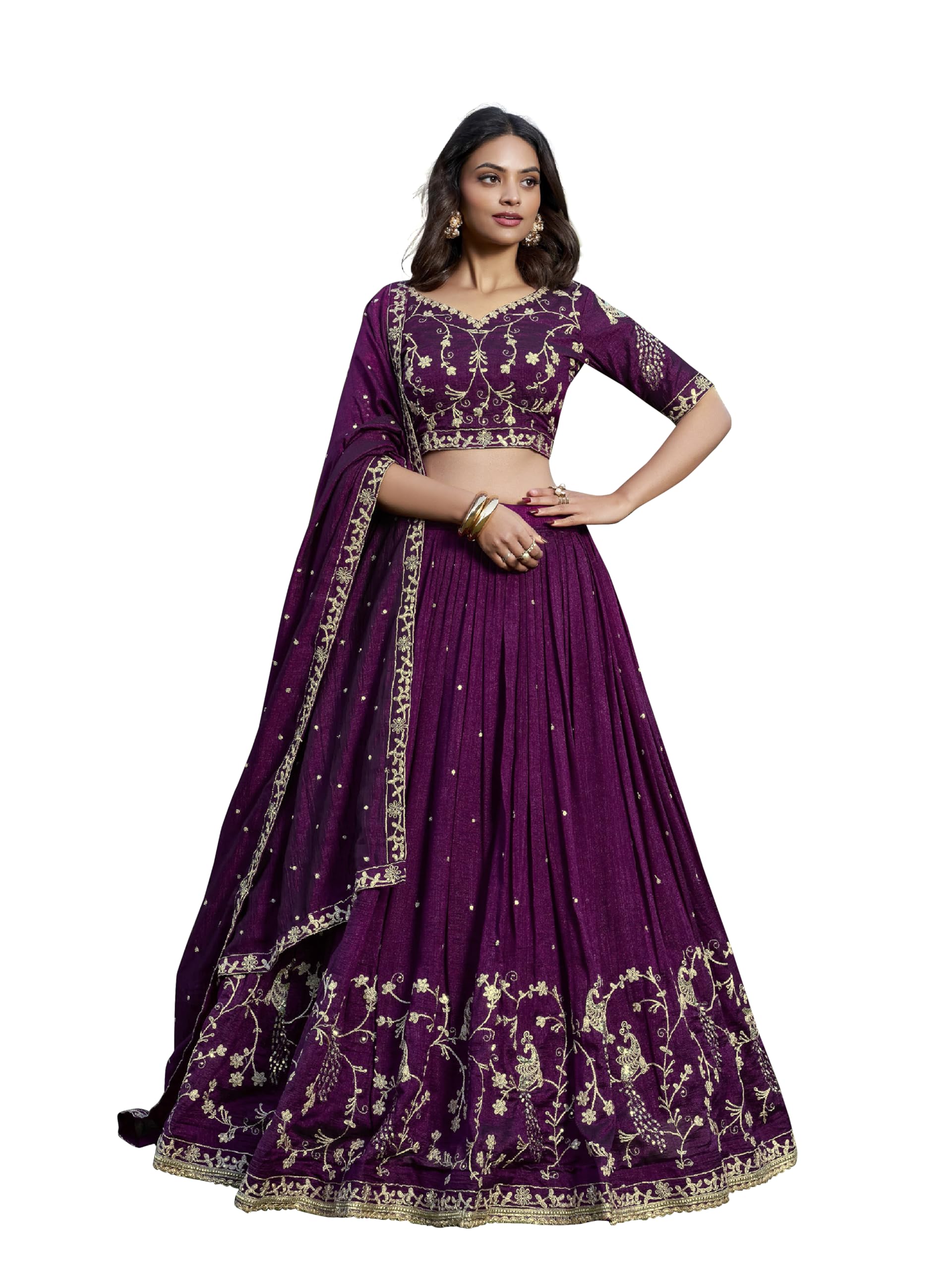 TRENDMALLS Women's Art Silk Embroidery Sequin Work Lehenga Choli With Dupatta (L280-Purple-Semi-stitched)