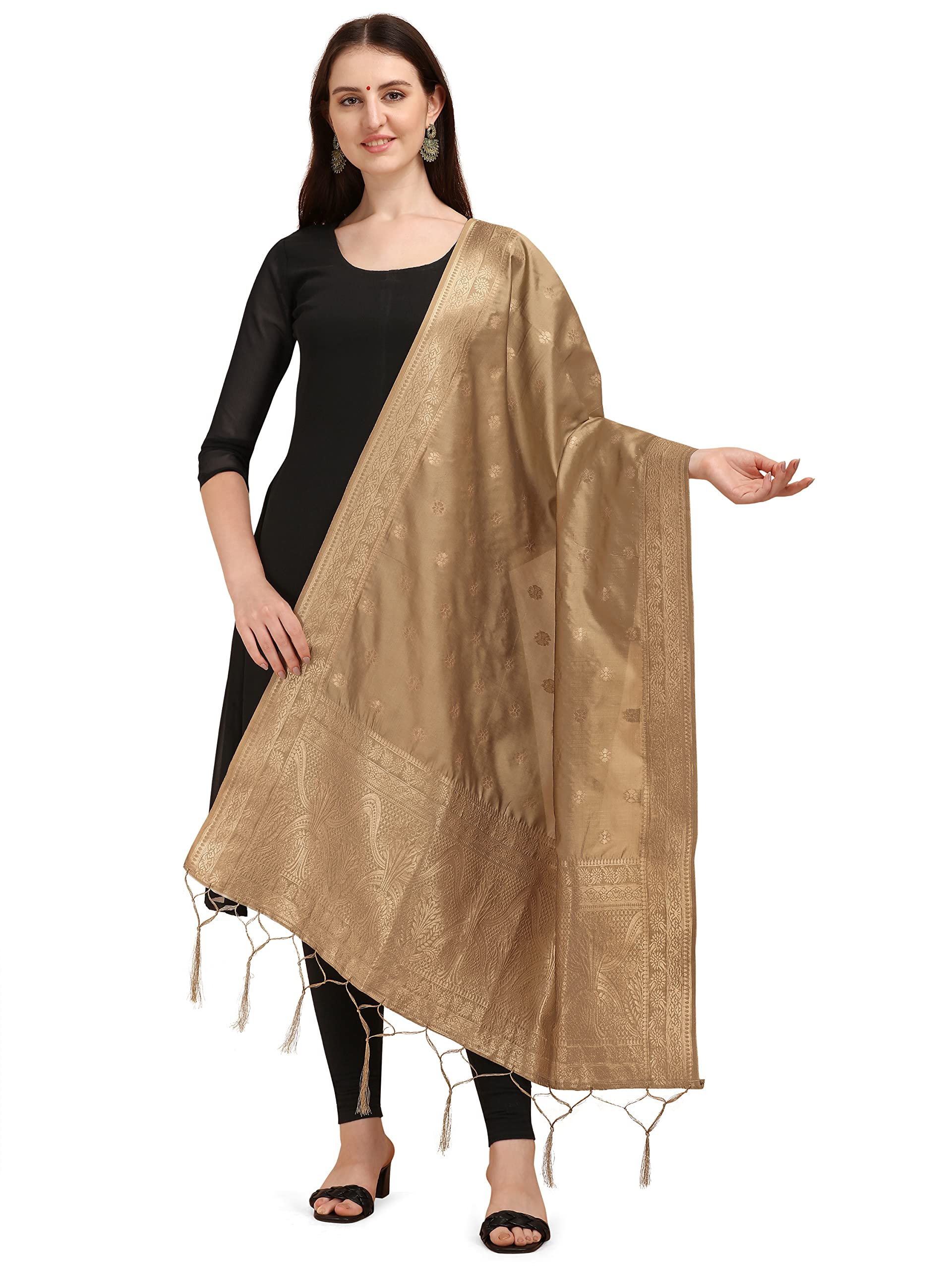 DEVANGI Women's Woven Banarasi Silk Zari Dupatta/Chunni, Width 1 Meter, Length 2.5 Meter (OM-DT-06-CHIKU)