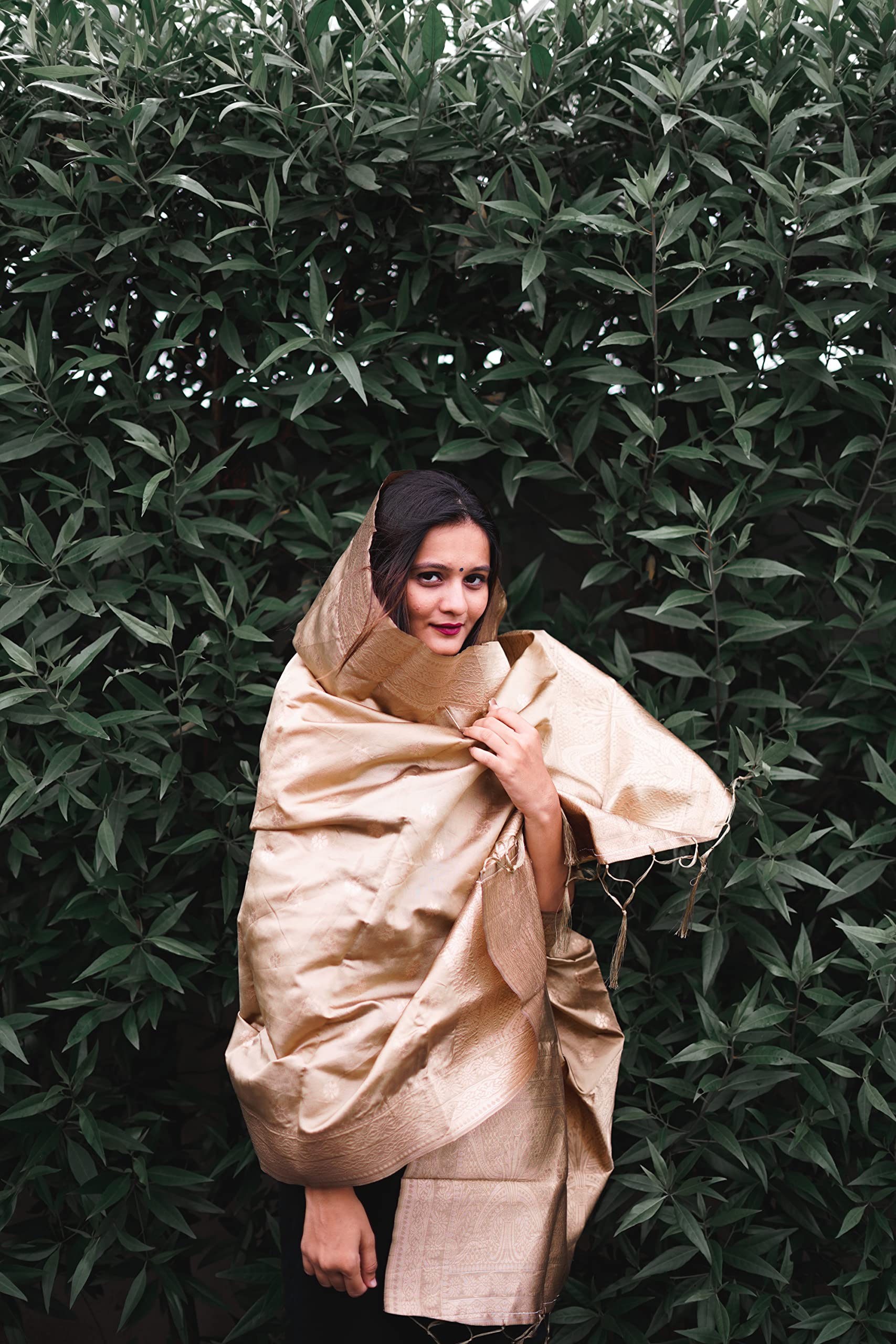 DEVANGI Women's Woven Banarasi Silk Zari Dupatta/Chunni, Width 1 Meter, Length 2.5 Meter (OM-DT-06-CHIKU) - Image 5