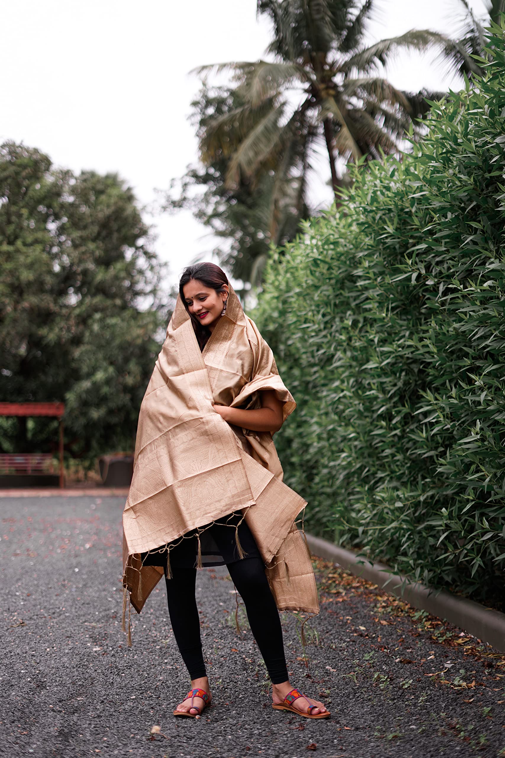 DEVANGI Women's Woven Banarasi Silk Zari Dupatta/Chunni, Width 1 Meter, Length 2.5 Meter (OM-DT-06-CHIKU) - Image 4