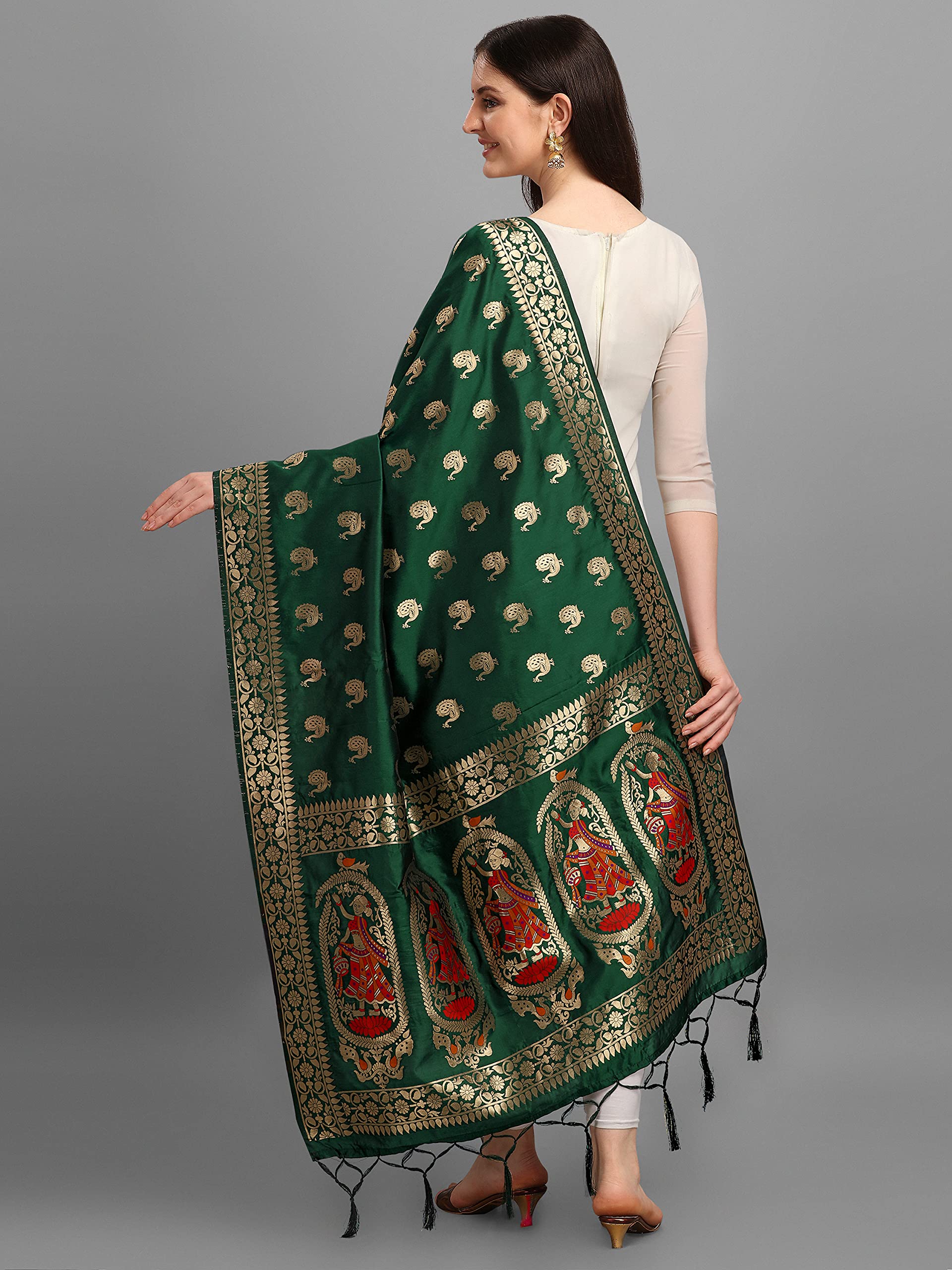 DEVANGI Women's Woven Banarasi Silk Zari Dupatta/Chunni, Width 1 Meter, Length 2.5 Meter (OM-DT-05-BGREEN) - Image 3