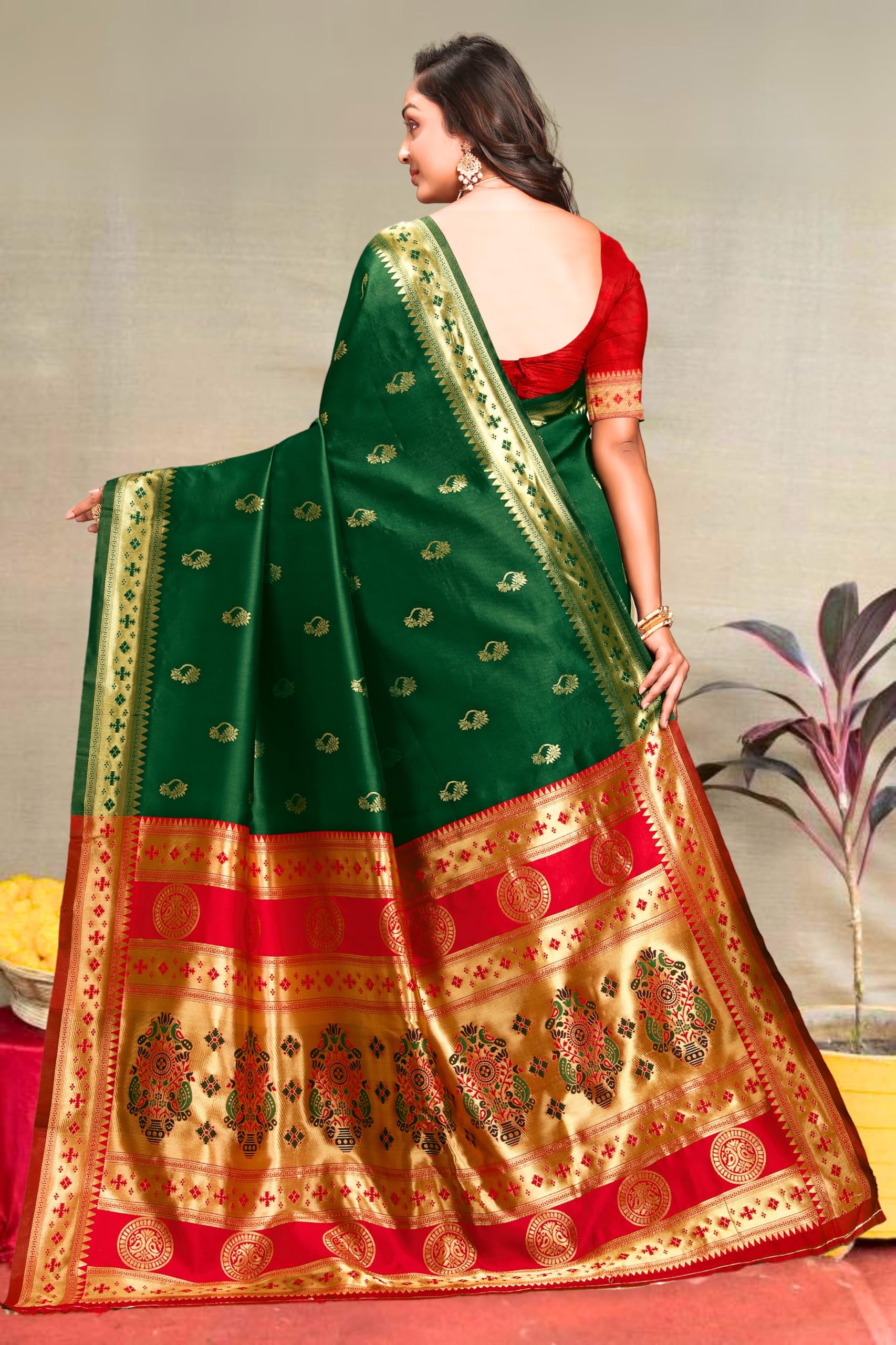 C J Enterprise Women's Banarasi Saree Pure Kanjivaram Silk Saree Soft Design Wear Pattu Sarees Latest Cotton With Blouse Piece for Wedding sadi new ladies 2025 (Nath paithani) (Green-Red) - Image 6