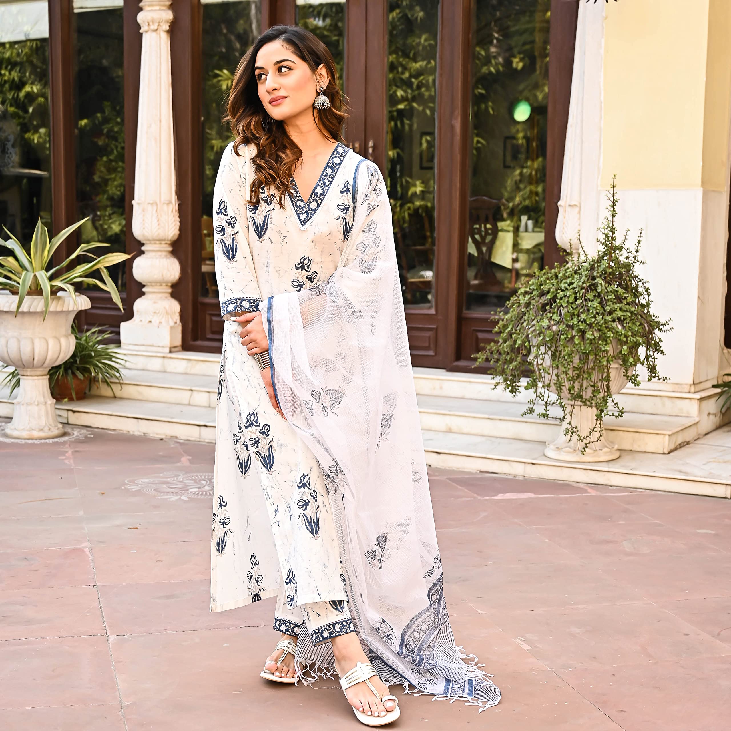 Arayna Women's Floral Printed 100% Cotton Kurti Palazzo Pants Set with Dupatta (XXXXXX-Large), White - Image 7