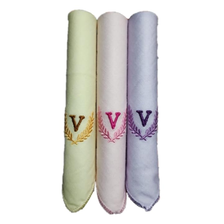 Quienz Ladies Initials (V) Multicolor 100% Cotton Handkerchiefs Pack of 3 (6551 C/C)
