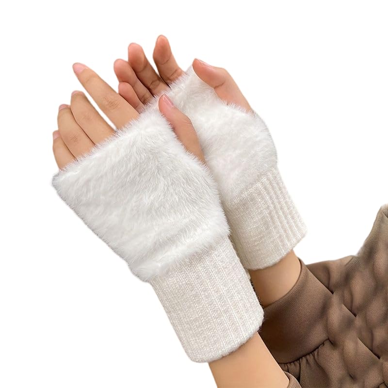 Richmen Gloves for Women Winter fingerless Hand Gloves for Girls Faux fur Fleece Mitten | Woolen Touch Screen Finger warm gloves for women Warmer (White, Freesize)