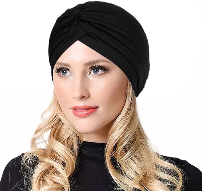 Run India Polyester Stretch Turbans Head Beanie Cover Twisted Pleated Headwrap Hair Cover Beanie Hats For Women Girls (Black), Free Size