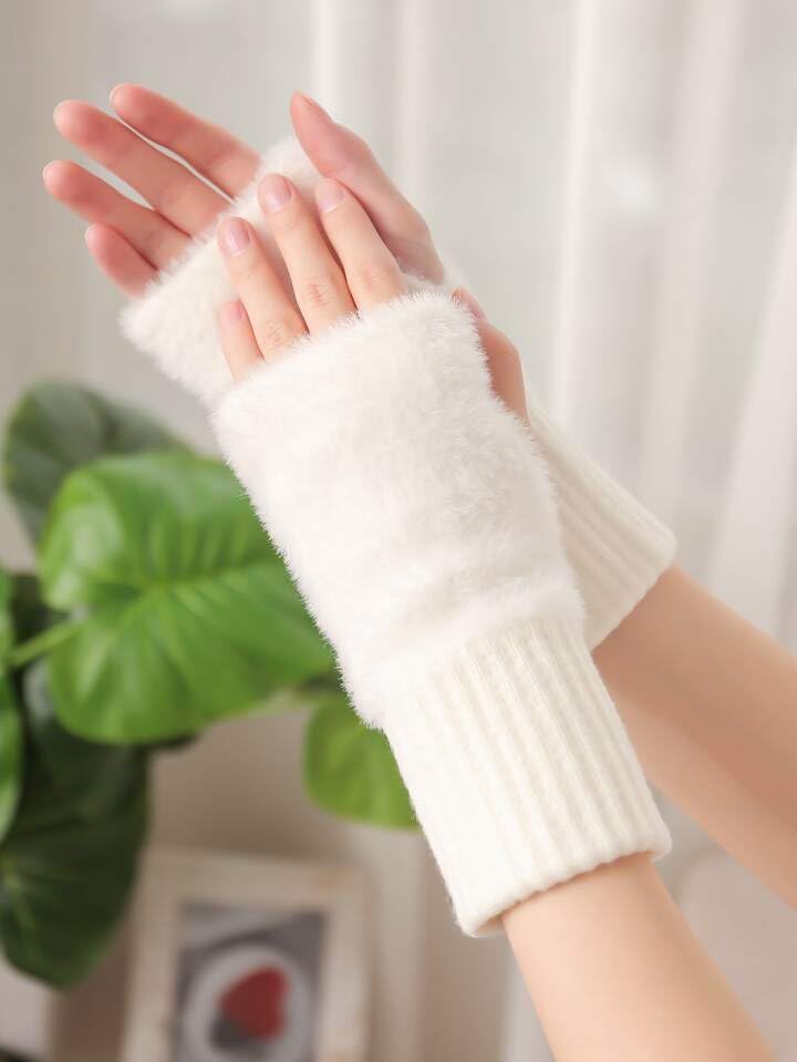 Richmen Gloves for Women Winter fingerless Hand Gloves for Girls Faux fur Fleece Mitten | Woolen Touch Screen Finger warm gloves for women Warmer (White, Freesize) - Image 3