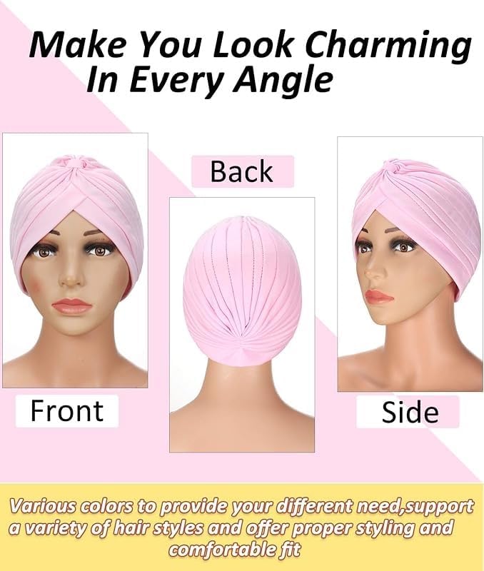 Run India Polyester Stretch Turbans Head Beanie Cover Twisted Pleated Headwrap Hair Cover Beanie Hats For Women Girls (Black), Free Size - Image 4