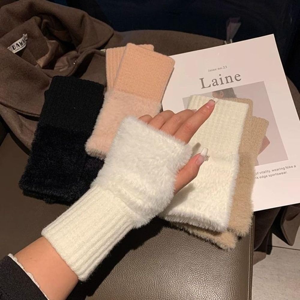 Richmen Gloves for Women Winter fingerless Hand Gloves for Girls Faux fur Fleece Mitten | Woolen Touch Screen Finger warm gloves for women Warmer (White, Freesize) - Image 6