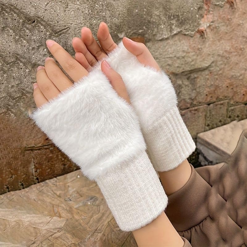 Richmen Gloves for Women Winter fingerless Hand Gloves for Girls Faux fur Fleece Mitten | Woolen Touch Screen Finger warm gloves for women Warmer (White, Freesize) - Image 5