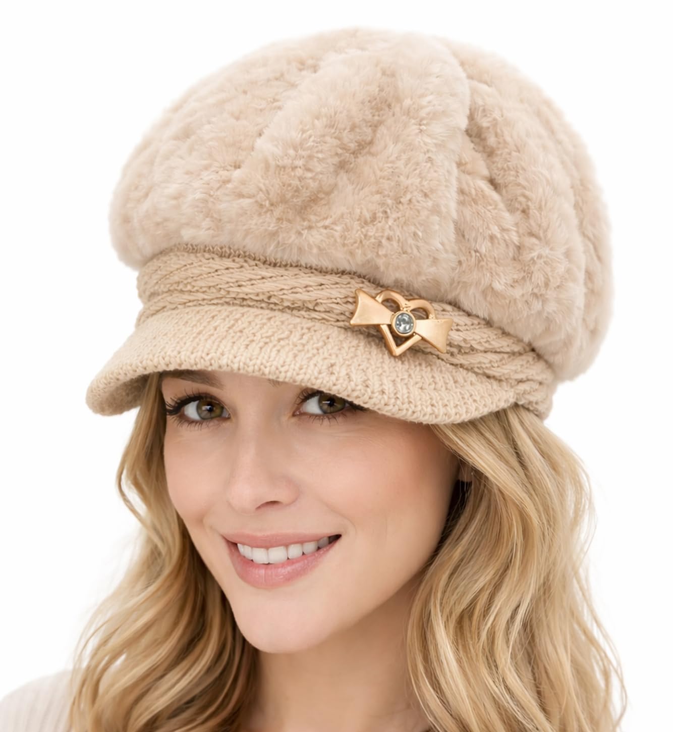 NICSY Women and Girl's Winter Visor Cap Hat Beret for Women Knit Beanie Stylish Casual Beige Cap Winter Faux Fur Warm Pack 1