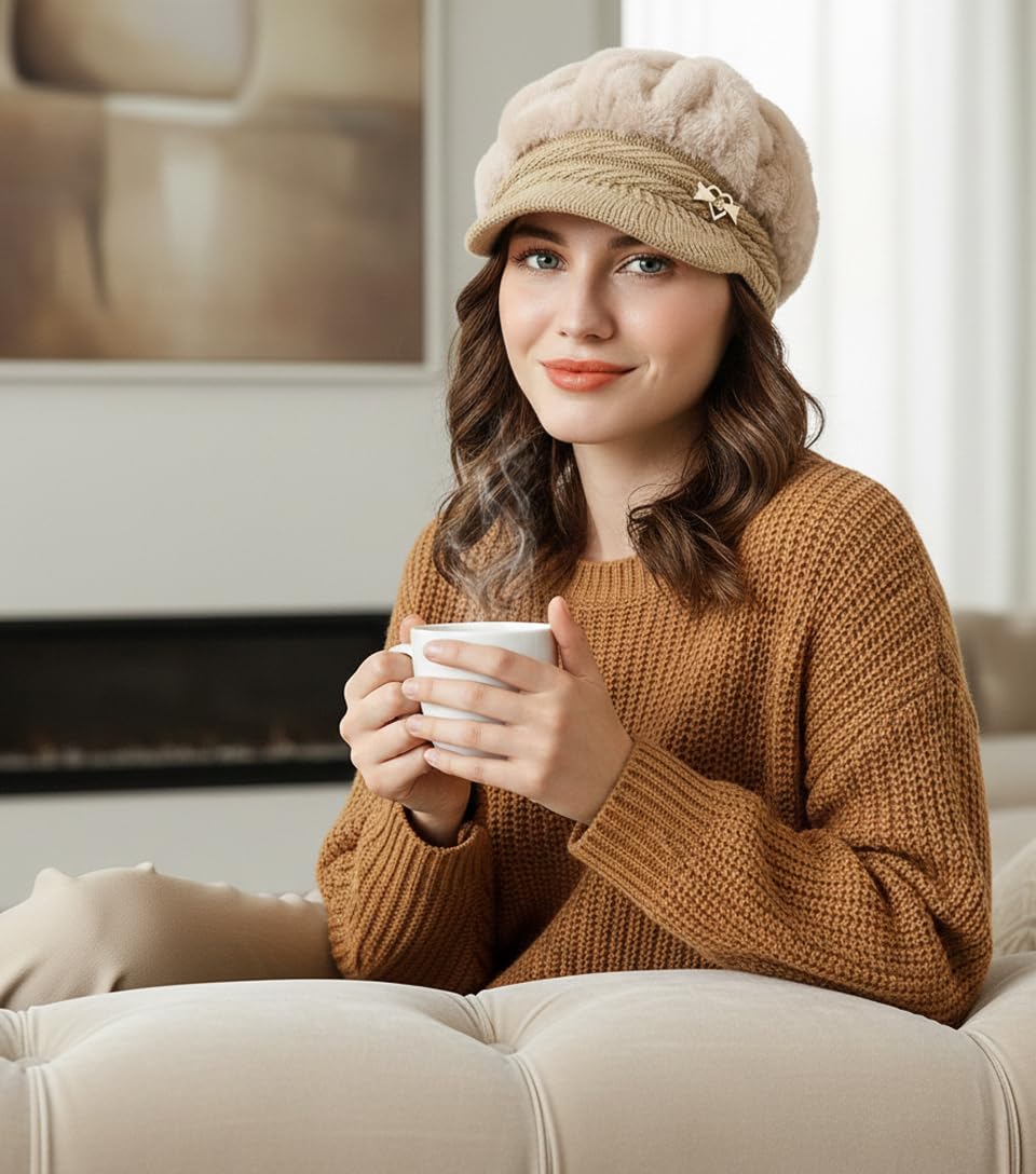 NICSY Women and Girl's Winter Visor Cap Hat Beret for Women Knit Beanie Stylish Casual Beige Cap Winter Faux Fur Warm Pack 1 - Image 2