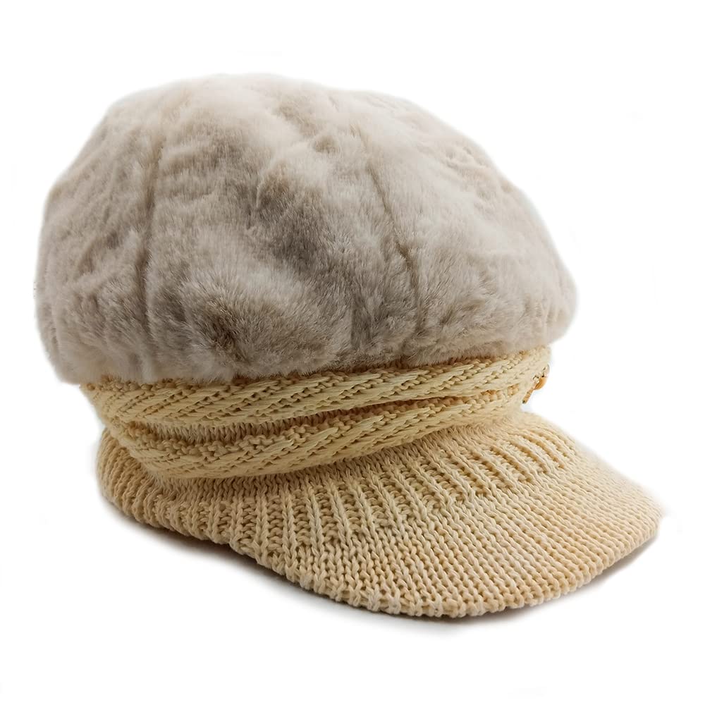 NICSY Women and Girl's Winter Visor Cap Hat Beret for Women Knit Beanie Stylish Casual Beige Cap Winter Faux Fur Warm Pack 1 - Image 5