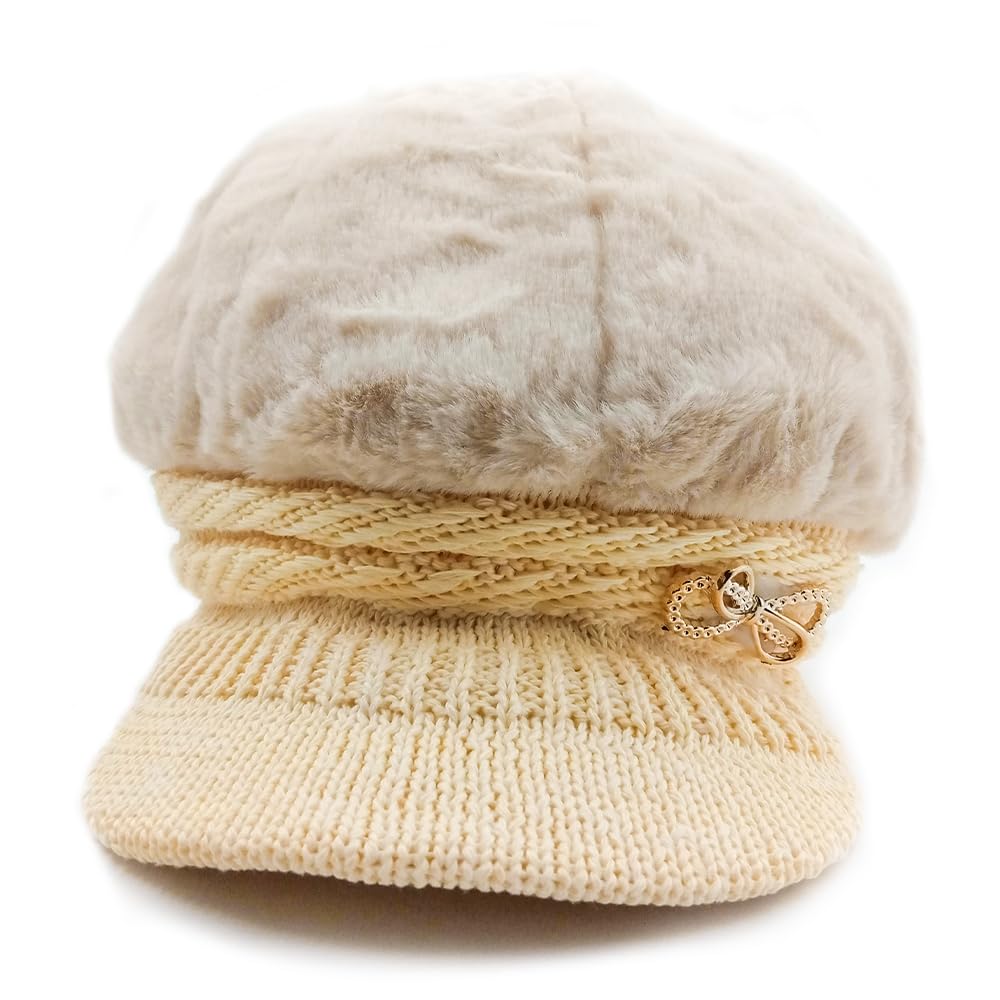 NICSY Women and Girl's Winter Visor Cap Hat Beret for Women Knit Beanie Stylish Casual Beige Cap Winter Faux Fur Warm Pack 1 - Image 4