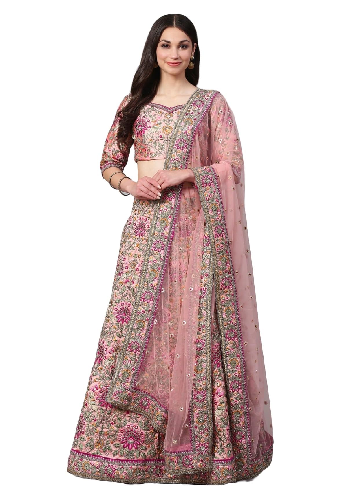 Divine Exim Women's Silk Semi Stitched Lehenga Choli with Dupatta | Heavy Embroidery Pattern | Traditional, Wedding, Ethnic Wear Lehenga (Pink)