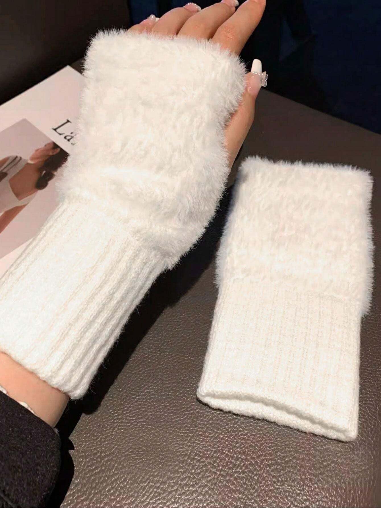 Richmen Gloves for Women Winter fingerless Hand Gloves for Girls Faux fur Fleece Mitten | Woolen Touch Screen Finger warm gloves for women Warmer (White, Freesize) - Image 2
