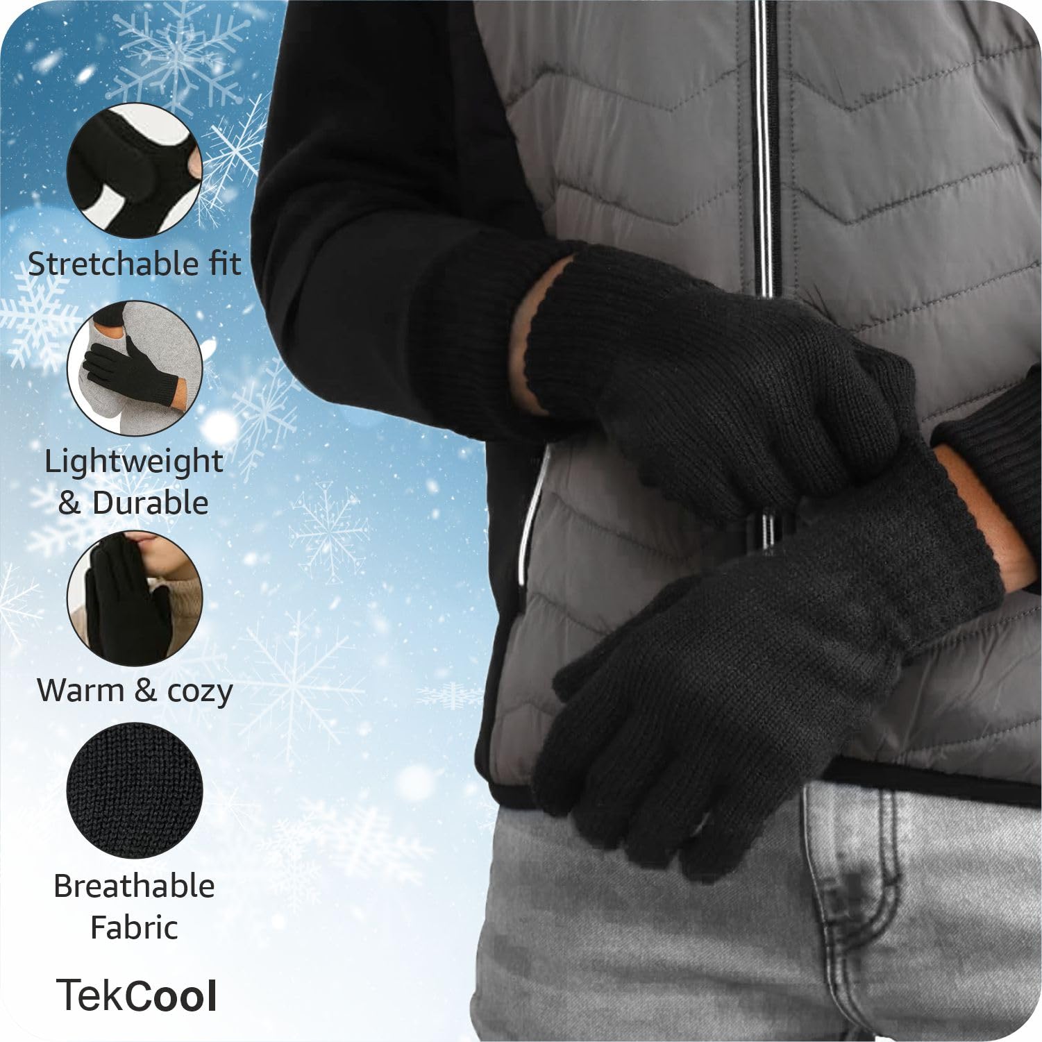 TEKCOOL Hand Gloves for Men & Women Winter Glove for Men Woolen Knitted for Women and Mens Thermal Wear Unisex Winter Warm Gloves for Womens Winters Wear Unisex Hands Glove for Driving - Black 1Pair - Image 4