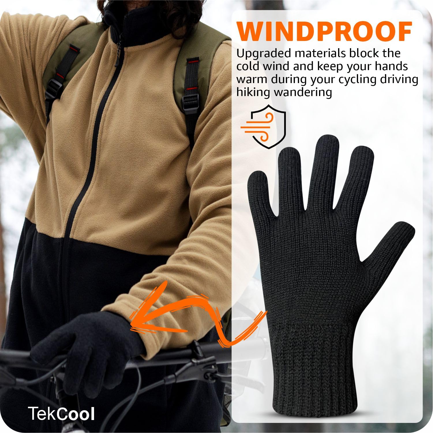 TEKCOOL Hand Gloves for Men & Women Winter Glove for Men Woolen Knitted for Women and Mens Thermal Wear Unisex Winter Warm Gloves for Womens Winters Wear Unisex Hands Glove for Driving - Black 1Pair - Image 3