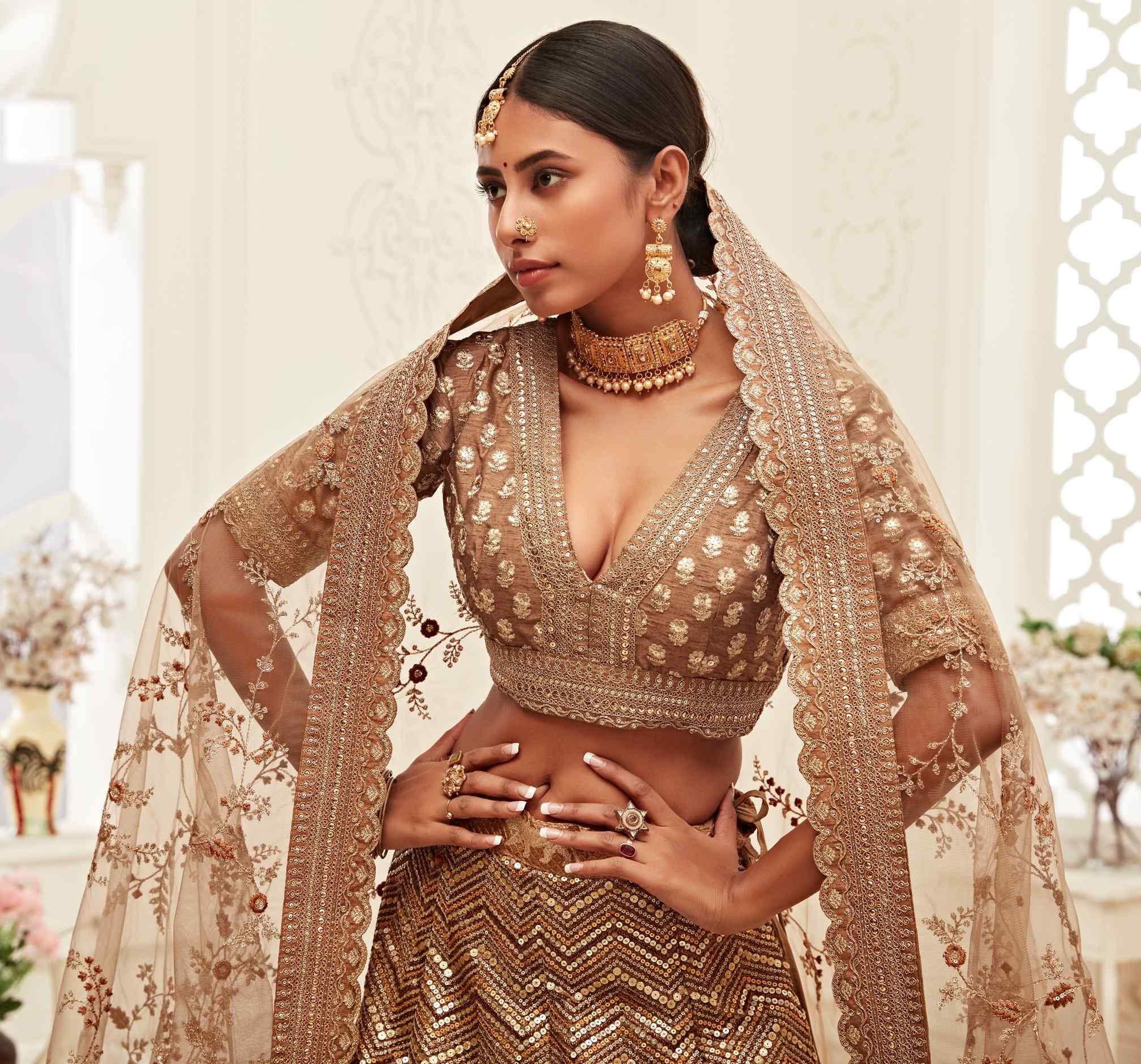 Divine Exim Women's Slub Silk Lehenga Choli With Dupatta (BROWN_ZCDE7709_Unstitched) - Image 4