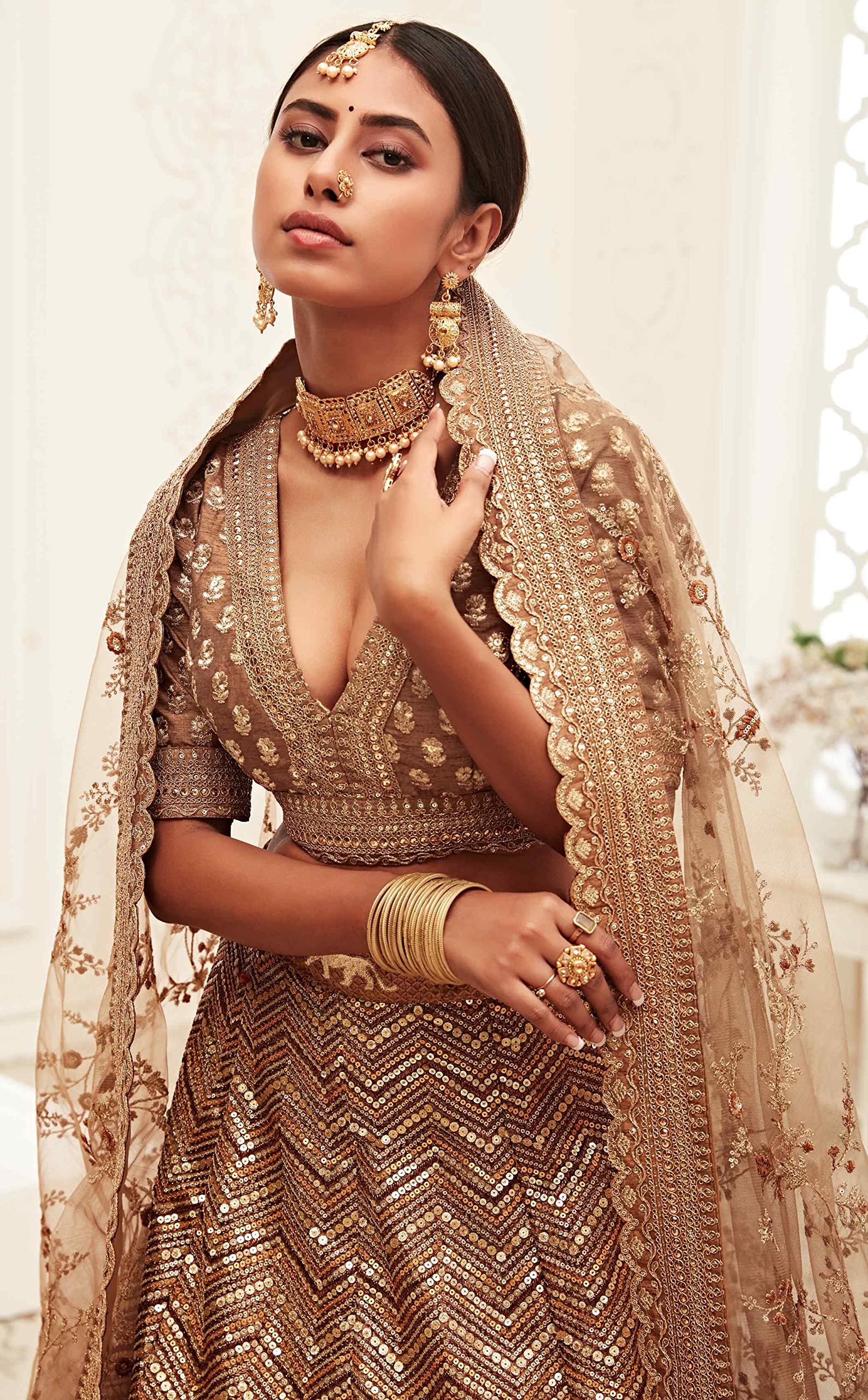 Divine Exim Women's Slub Silk Lehenga Choli With Dupatta (BROWN_ZCDE7709_Unstitched) - Image 3