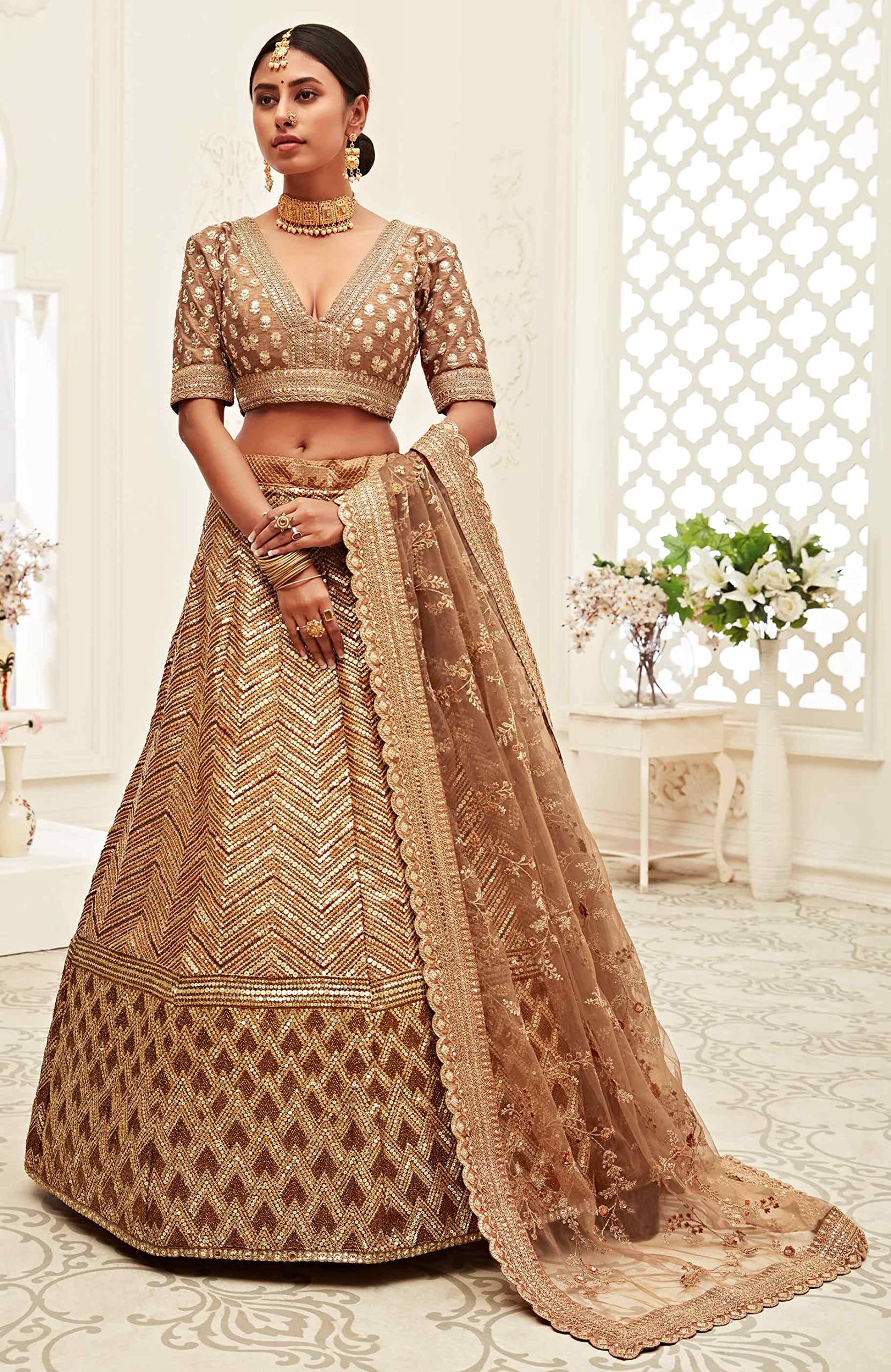 Divine Exim Women's Slub Silk Lehenga Choli With Dupatta (BROWN_ZCDE7709_Unstitched) - Image 2