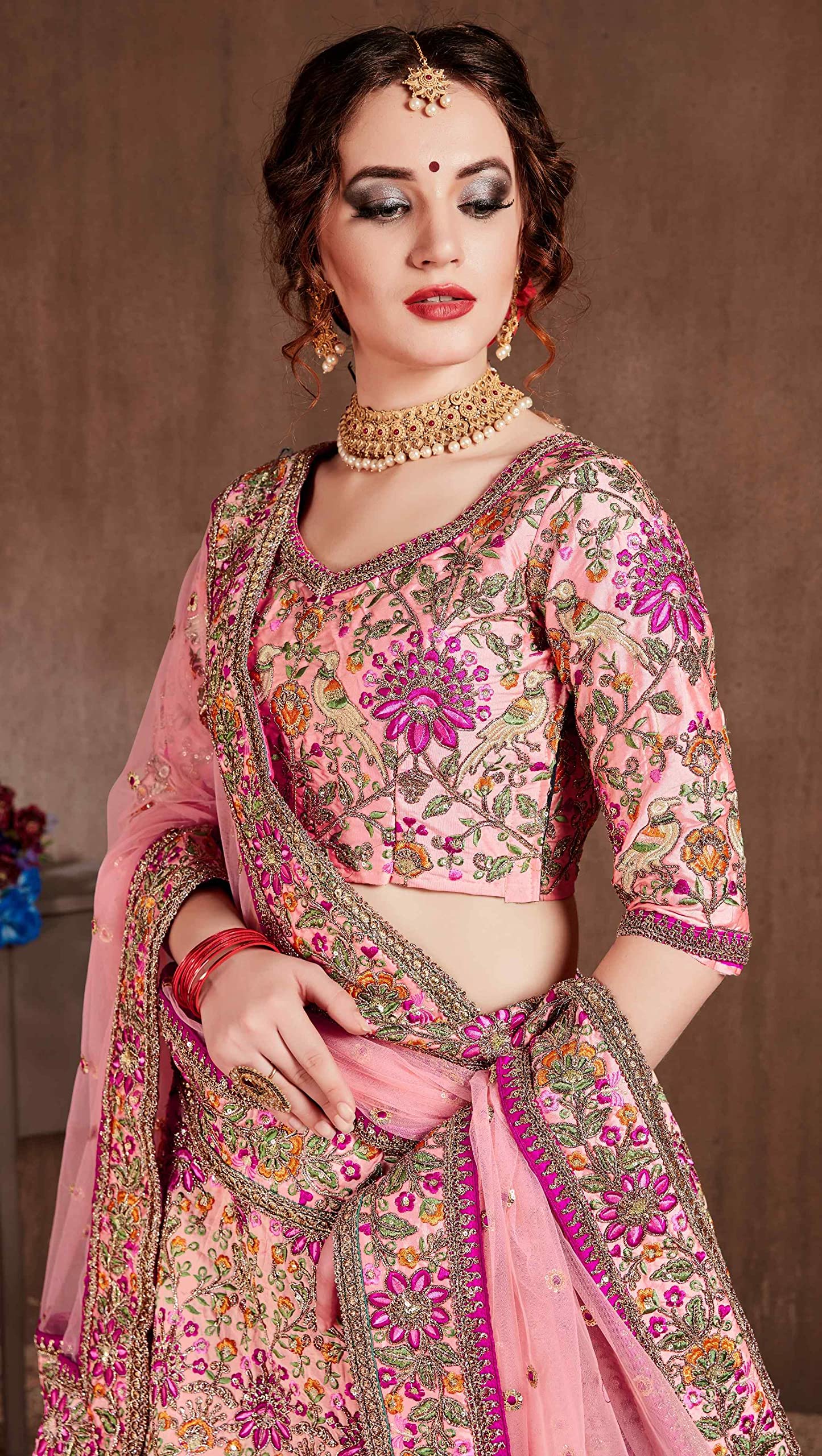 Divine Exim Women's Taffeta Silk Lehenga Choli With Dupatta | Traditional, Wedding, Ethnic WearLehenga for Women and Girls (Patel Pink_ZCDE7108_Unstitched) - Image 2