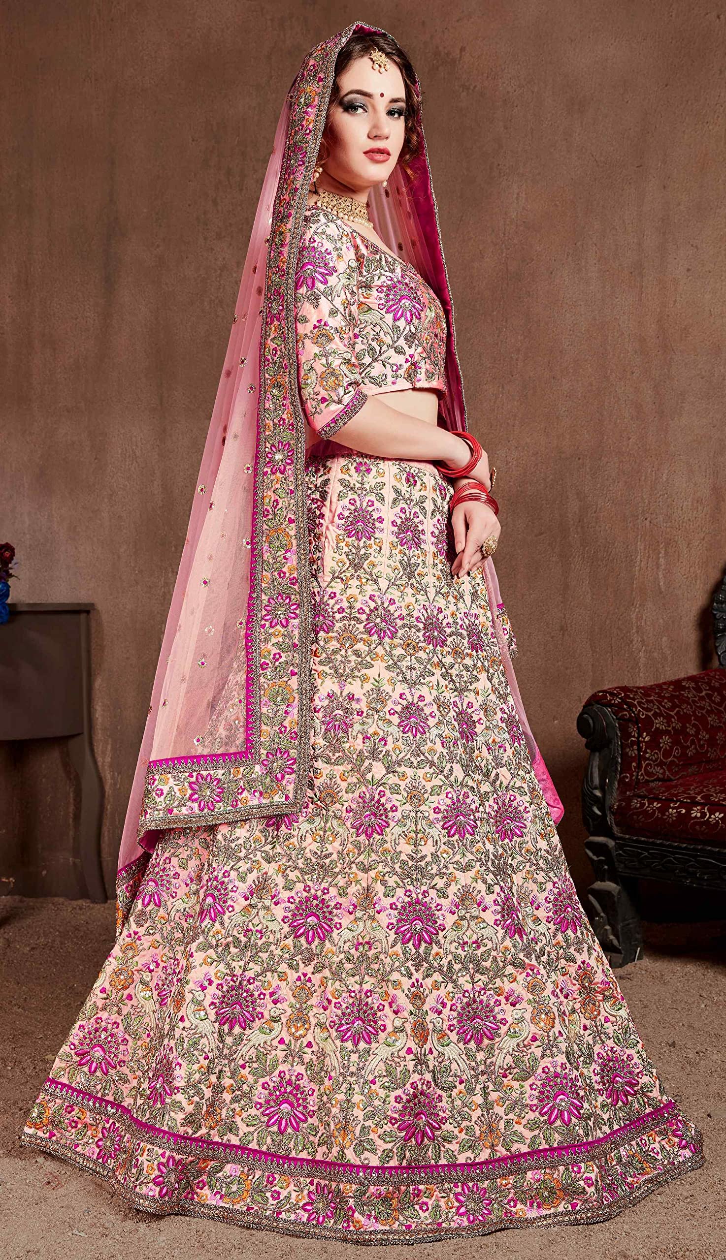 Divine Exim Women's Taffeta Silk Lehenga Choli With Dupatta | Traditional, Wedding, Ethnic WearLehenga for Women and Girls (Patel Pink_ZCDE7108_Unstitched) - Image 4