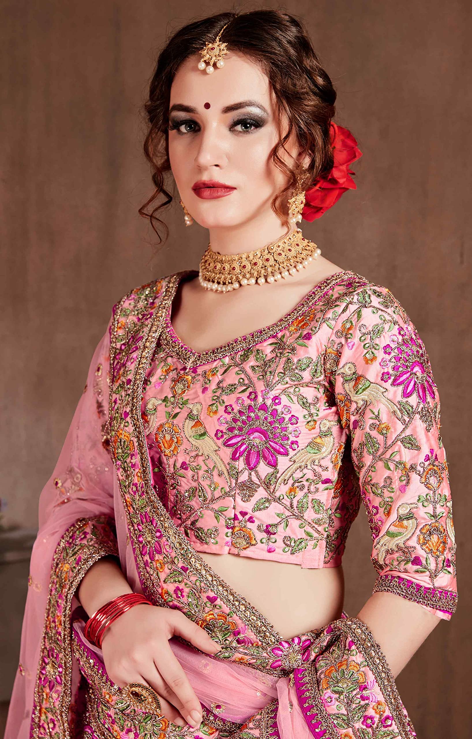 Divine Exim Women's Taffeta Silk Lehenga Choli With Dupatta | Traditional, Wedding, Ethnic WearLehenga for Women and Girls (Patel Pink_ZCDE7108_Unstitched) - Image 3