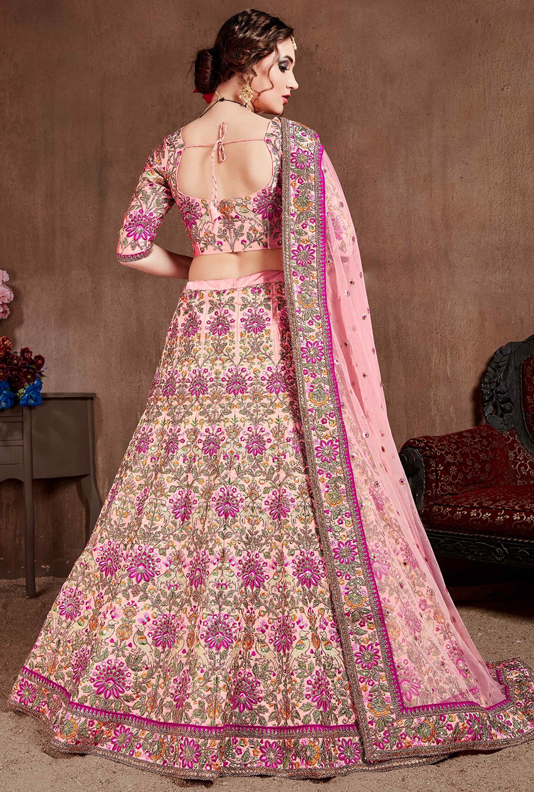 Divine Exim Women's Taffeta Silk Lehenga Choli With Dupatta | Traditional, Wedding, Ethnic WearLehenga for Women and Girls (Patel Pink_ZCDE7108_Unstitched) - Image 5