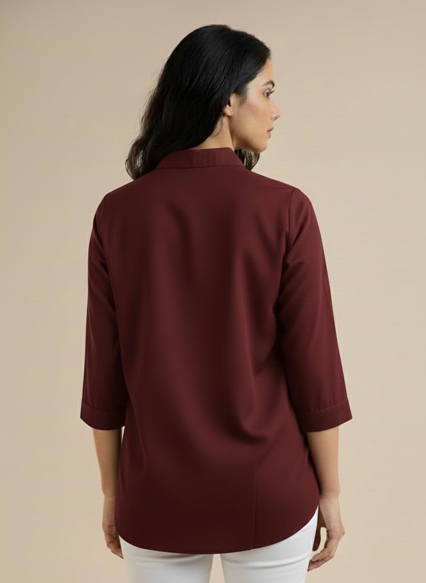 Women Solid Hemline Shirt Soft Viscose Rayon Straight Long Shirt Top Western Casual Office Formal Wear - Image 2