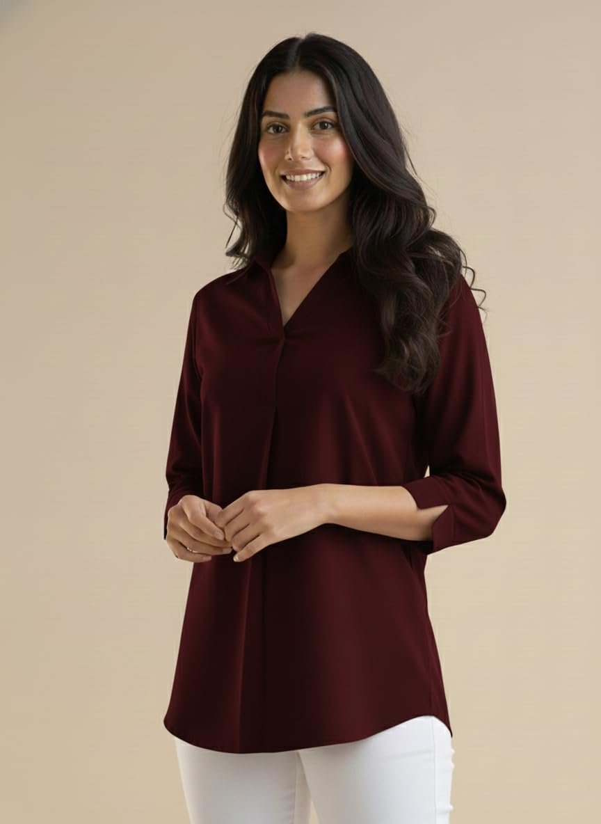 Women Solid Hemline Shirt Soft Viscose Rayon Straight Long Shirt Top Western Casual Office Formal Wear - Image 4