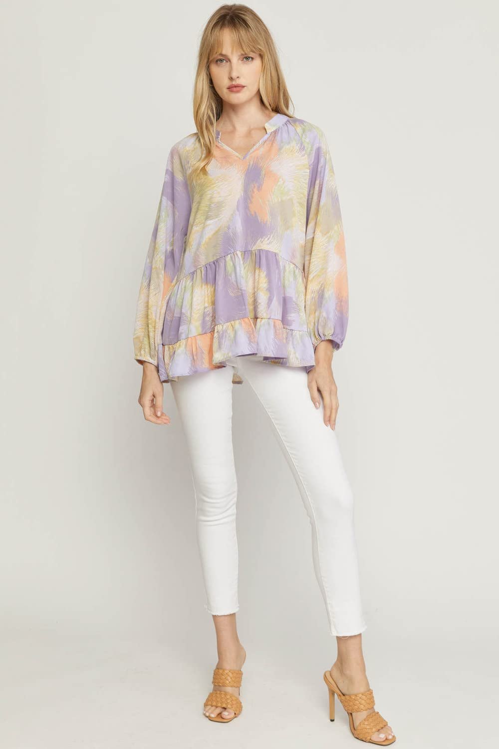 Women's Tiered V-Neck Long Sleeve Tunic Top, Lavender Blue, Small - Image 3